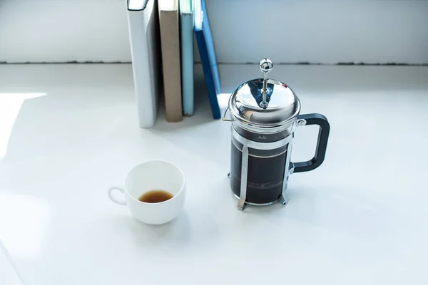 French press with coffee cup — Stock Photo