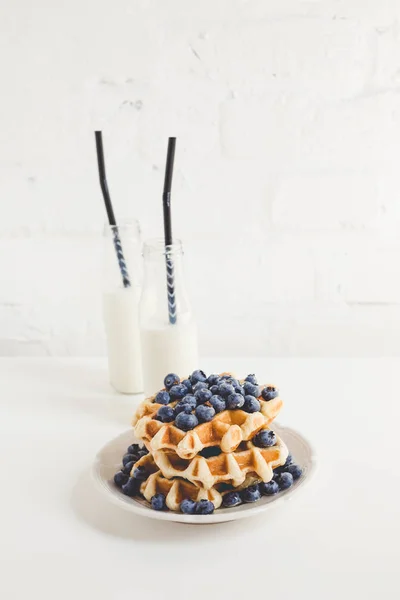 Waffles with blueberries and milk — Stock Photo