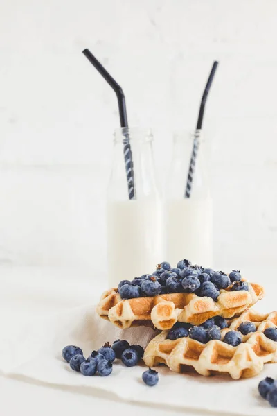 Waffles with blueberries and milk — Stock Photo