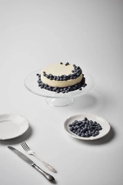 Cheesecake with blueberries on glass stand — Stock Photo