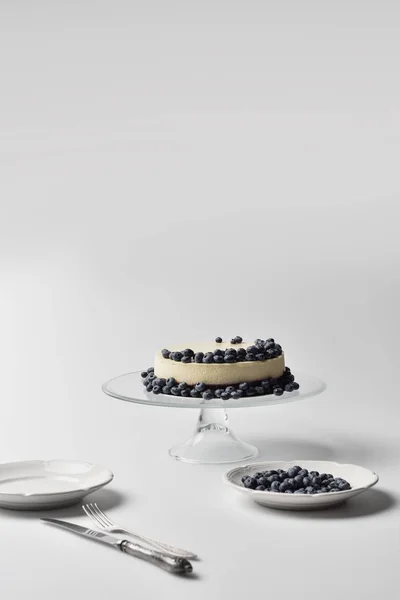 Cheesecake with blueberries on glass stand — Stock Photo