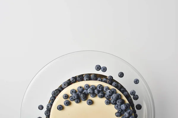 Cheesecake with blueberries on glass plate — Stock Photo