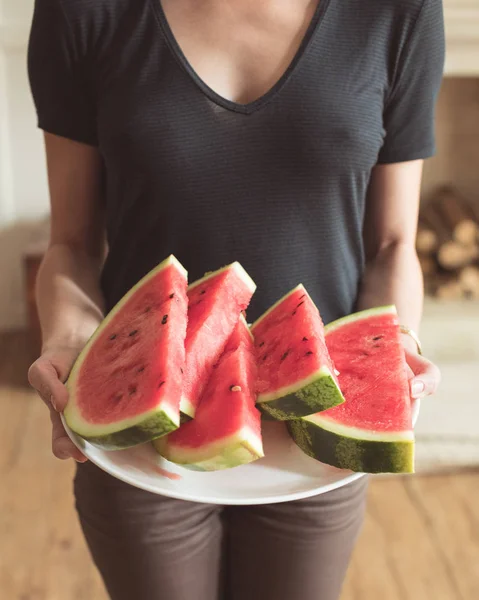 Plate with watermelon slices — Stock Photo