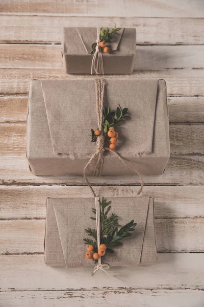 Christmas gift boxes in row — Stock Photo