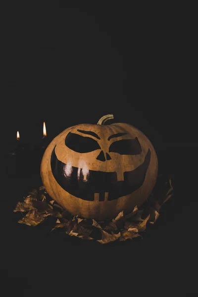 Pumpkin for halloween and dried leaves — Stock Photo
