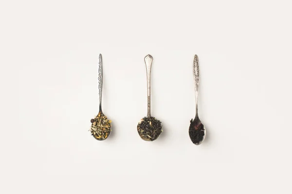 Hierbas secas en cucharas - foto de stock