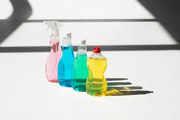 Plastic bottles of cleaning products — Stock Photo