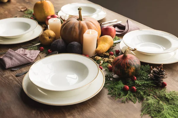 Served table and autumn harvest — Stock Photo