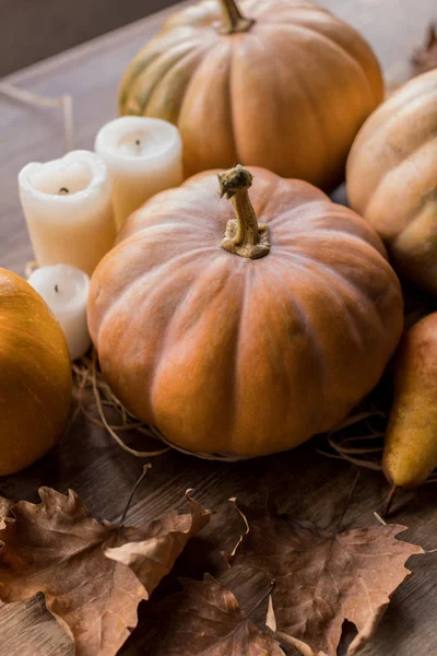 Calabazas y velas en la mesa - foto de stock