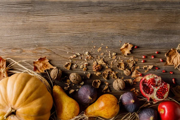 Calabaza, frutas de temporada y nueces - foto de stock