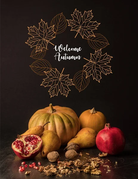 Organic pumpkins and fruits — Stock Photo