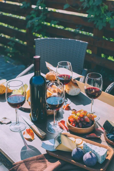 Rotwein mit verschiedenen Snacks — Stockfoto