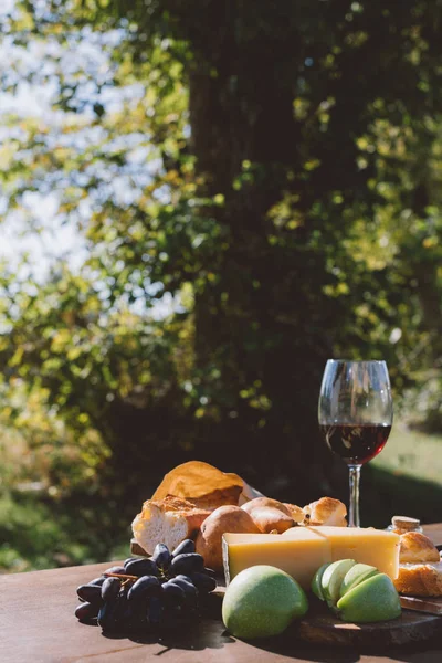 Vin rouge avec différentes collations — Photo de stock