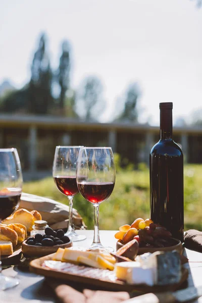Vin rouge avec collations — Photo de stock