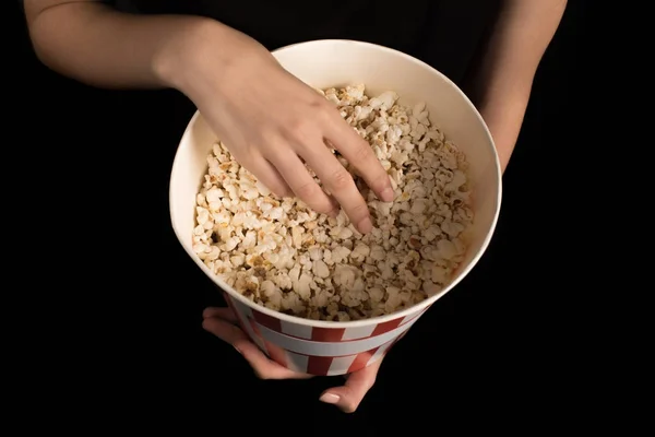 Woman wth bucket of popcorn — Stock Photo