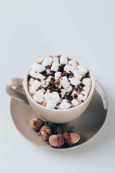 Cacao with marshmallows, chocolate and walnuts — Stock Photo