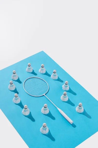 Vista ad alto angolo di racchetta badminton e navette su carta blu, isolate su carta bianca — Foto stock