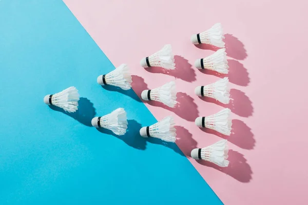 Vue de dessus de la composition avec des navettes de badminton sur bleu et rose — Photo de stock