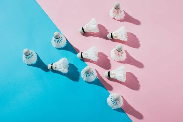 Vue de dessus de la composition avec des navettes de badminton sur bleu et rose — Photo de stock