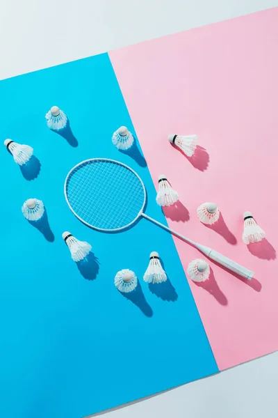 Vue du dessus des navettes autour de la raquette de badminton sur papier bleu et rose — Photo de stock