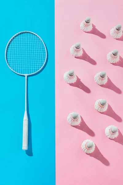 Vista superior de raquete de badminton em azul e shuttlecocks em rosa — Fotografia de Stock