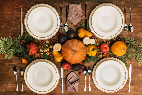 Top view of table setting with beautiful autumn decor — Stock Photo