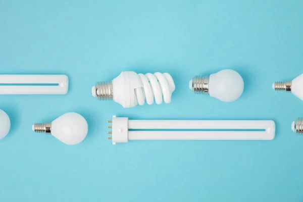 Flat lay with arranged various light bulbs isolated on blue — Stock Photo