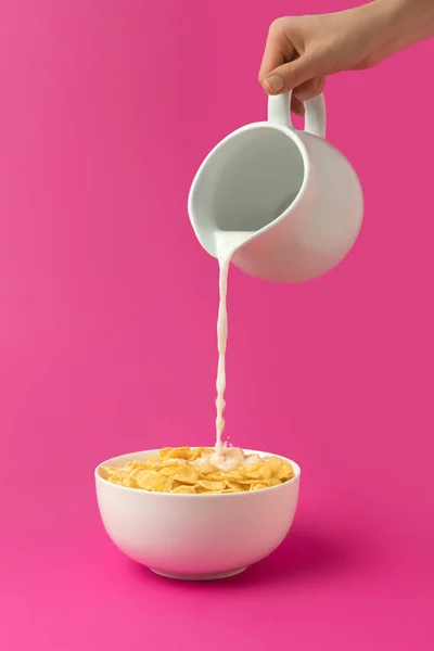 Abgeschnittene Aufnahme einer Person, die frische gesunde Milch aus einem Krug in eine Schüssel mit auf rosa isolierten Cornflakes gießt — Stockfoto