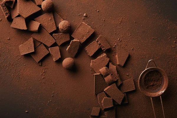Vue de dessus de l'arrangement de différents types de chocolat, truffes et tamis avec de la poudre de cacao — Photo de stock