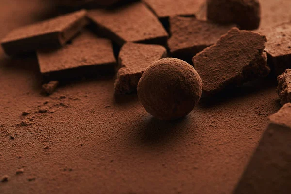 Vista de cerca de trufa dulce y chocolate en polvo de cacao - foto de stock