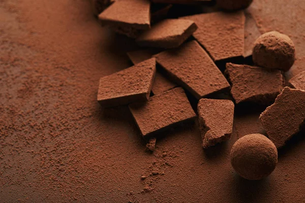 Vue rapprochée des truffes et tablettes de chocolat en poudre de cacao — Photo de stock