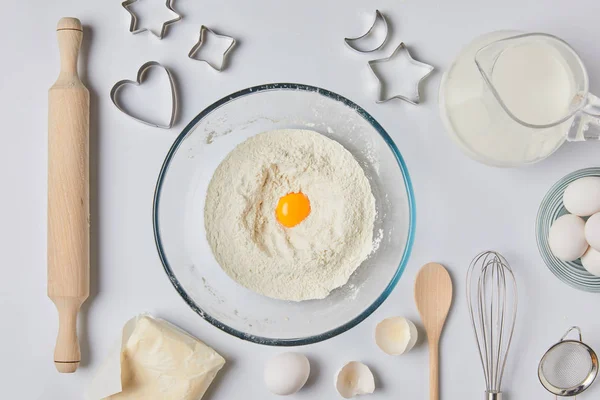 Top view of ingredients for dough on tabletop — Stock Photo