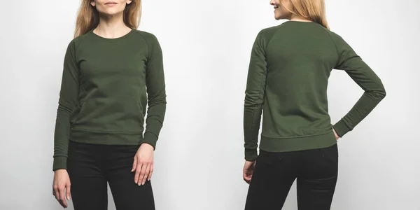 Front and back view of woman in blank green sweatshirt isolated on white — Stock Photo