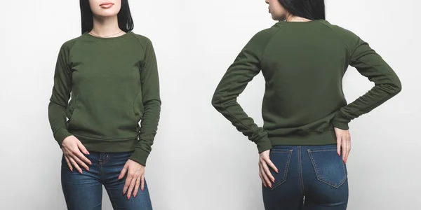Спереди и сзади вид молодой женщины в светло-зеленой свитерке, изолированной на белом — стоковое фото