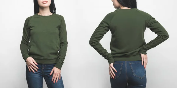 Vorder- und Rückansicht einer jungen Frau in weißem Sweatshirt — Stockfoto