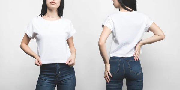 Вид спереду і ззаду молодої жінки в порожній футболці ізольовані на білому — Stock Photo