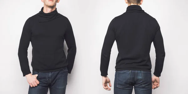 Vorder- und Rückansicht eines Mannes in schwarzem Pullover isoliert auf weißem Grund — Stockfoto