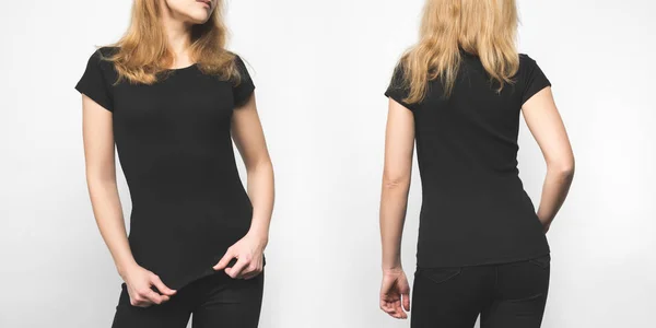 Front and back view of stylish woman in blank black t-shirt isolated on white — Stock Photo