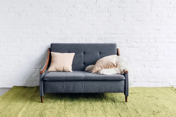 Cómodo sofá en la sala de estar moderna con pared de ladrillo blanco, concepto de maqueta - foto de stock