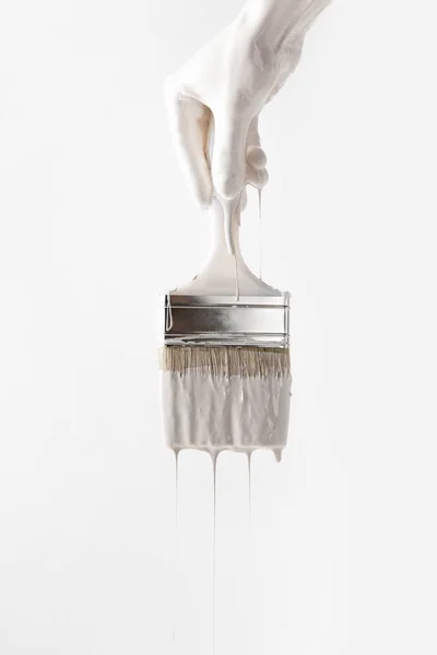 Cropped image of woman holding brush in white paint isolated on white — Stock Photo