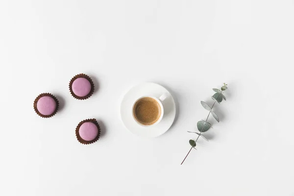 Draufsicht auf arrangierte Tasse Kaffee, Desserts und Pflanze auf weißer Tischplatte — Stockfoto