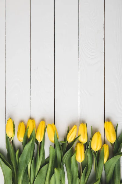 Vista dall'alto di bellissimi tulipani gialli in fiore su una superficie di legno bianca — Foto stock