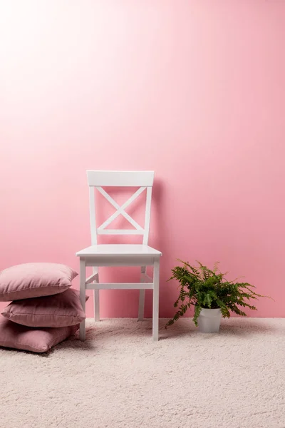 Стул с подушками и горшок папоротника перед розовой стеной — стоковое фото