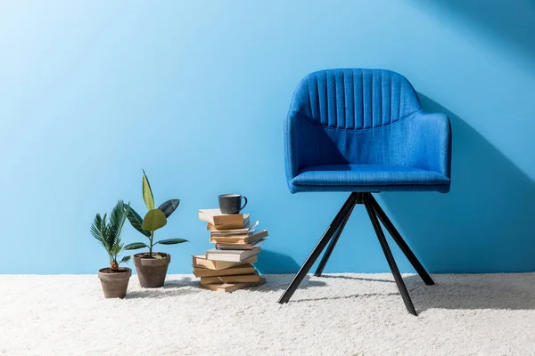 Chaise confortable avec des livres et des pots ficus devant le mur bleu — Photo de stock