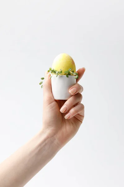 Cropped image of woman holding yellow painted easter egg in egg stand isolated on white — Stock Photo