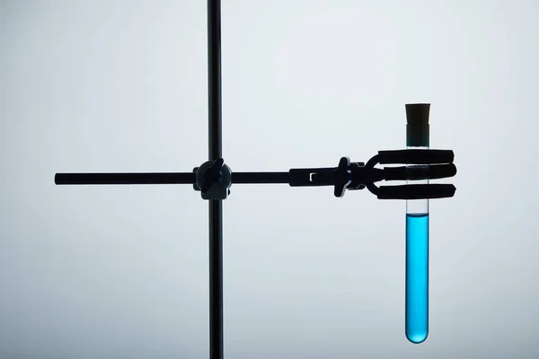 Пробирка, заполненная голубой жидкостью на стенде химии — стоковое фото
