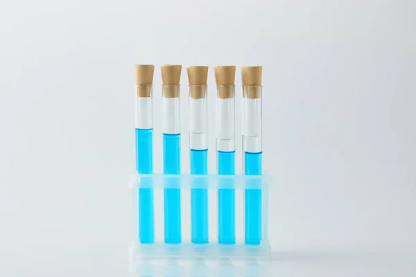 Row of test tubes filled with blue liquid on stand — Stock Photo