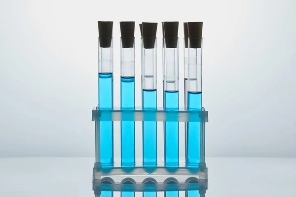 Fila de tubos químicos llenos de líquido azul en el soporte - foto de stock