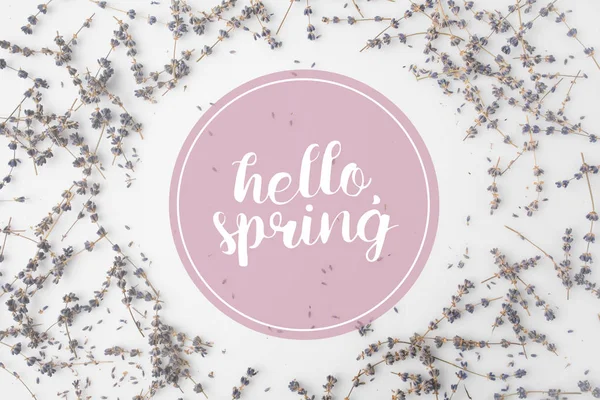 Top view of HELLO SPRING lettering with round frame of lavender flowers on white tabletop — Stock Photo