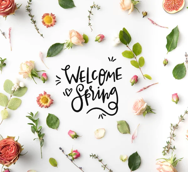 Pink flowers, petals and figs aroung WELCOME SPRING lettering isolated on white — Stock Photo